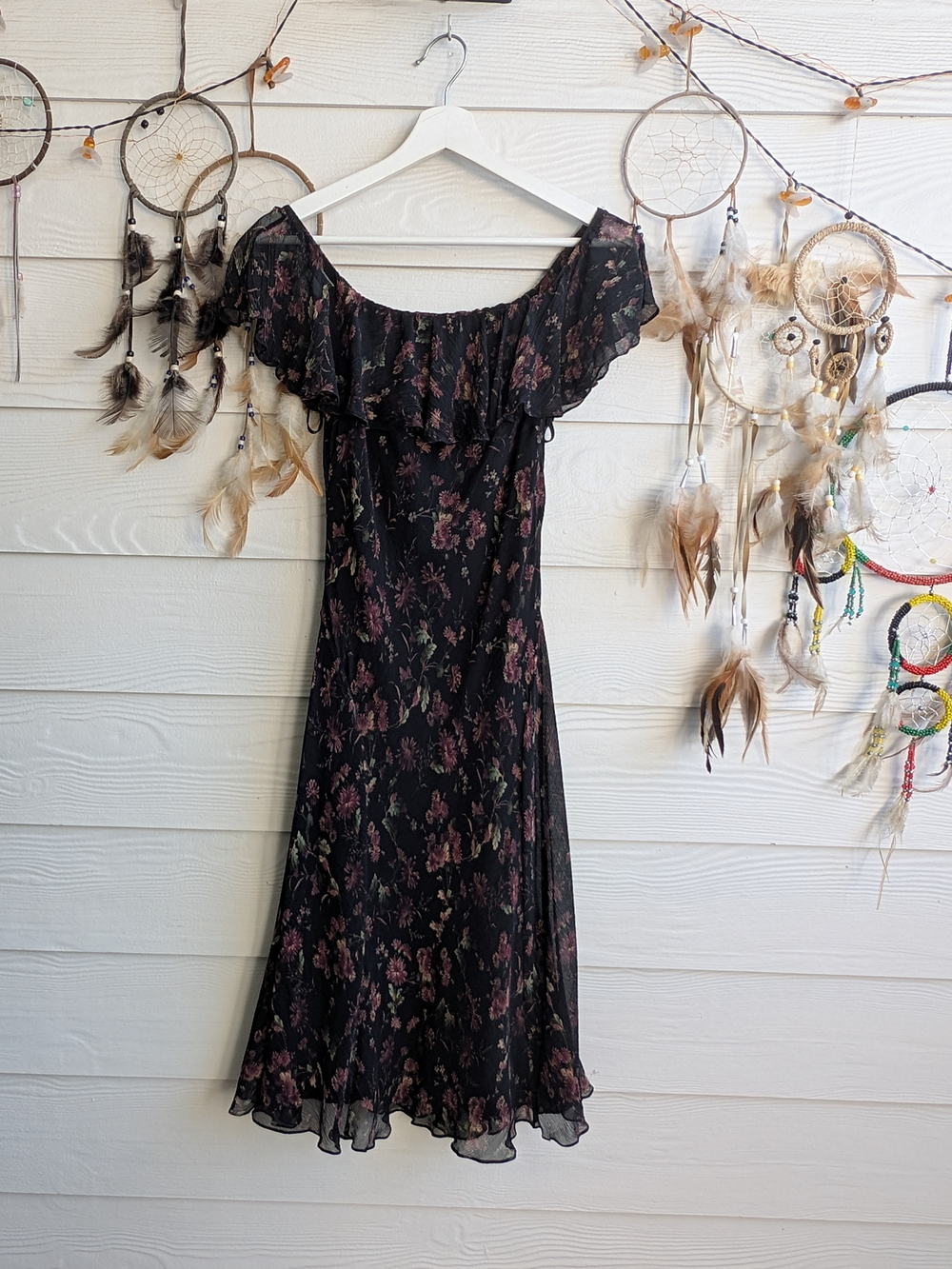 Polo Ralph Lauren Silk Floral Off Shoulder Ruffle Fairy Floral Midi Dress